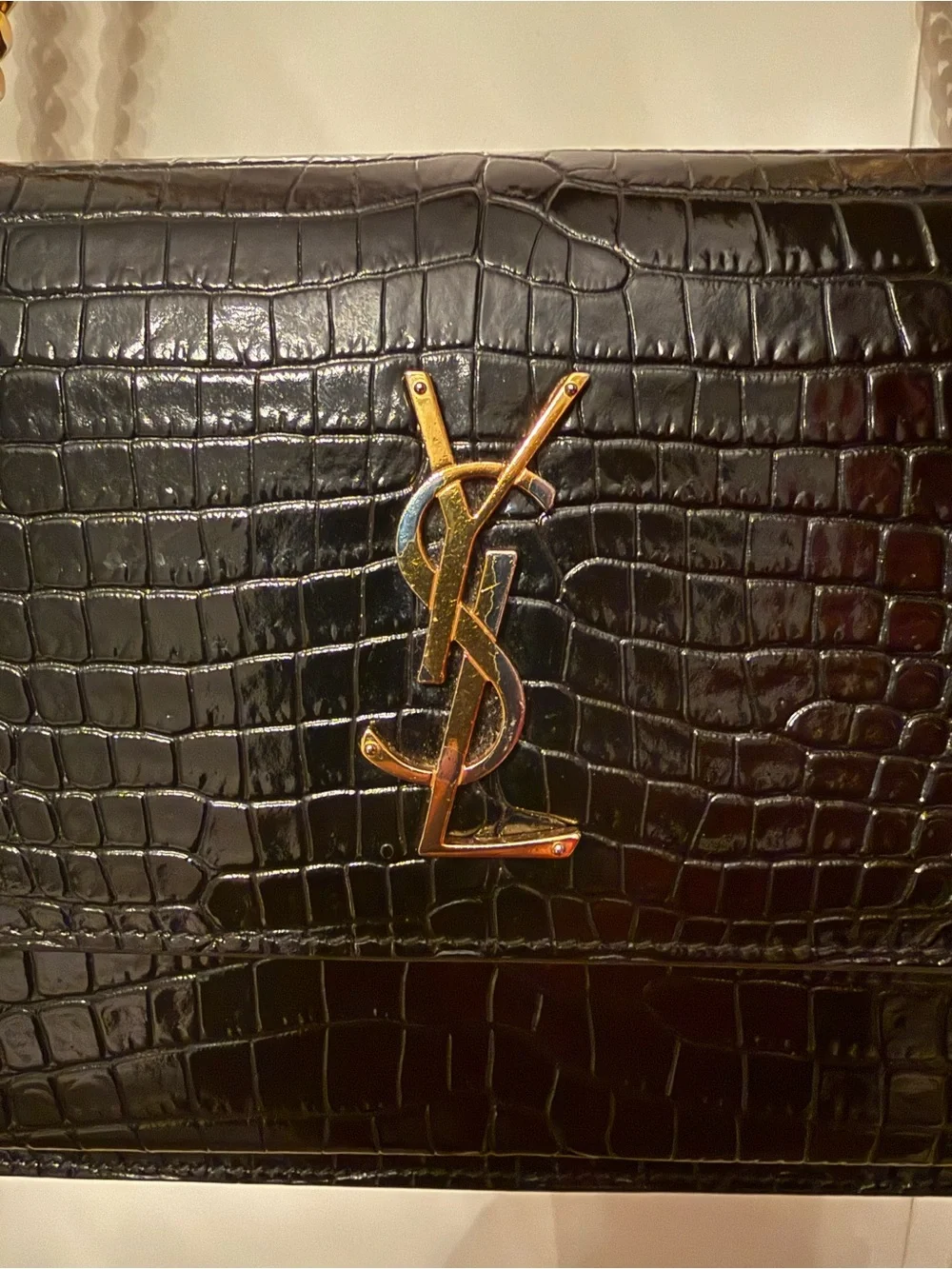 Saint Laurent Black Croc-Embossed YSL Monogram Chain Crossbody
